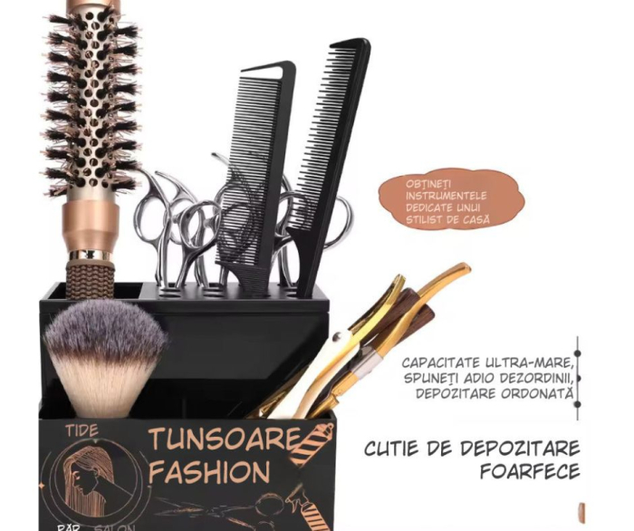 Organizator frizerie pentru ustensile – suport foarfece și perii, plastic dur, compartimentat, negru, 13.5×10.3×10.7 cm [7]