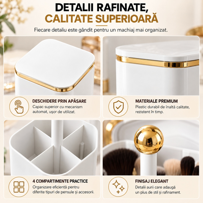 Organizator pensule machiaj, Alb cu auriu Gold, Automat, 4 compartimente pentru cosmetice [7]