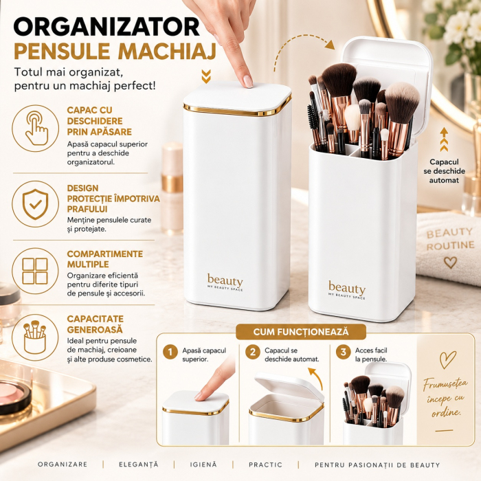 Organizator pensule machiaj, Alb cu auriu Gold, Automat, 4 compartimente pentru cosmetice [5]