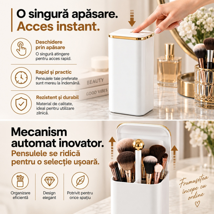 Organizator pensule machiaj, Alb cu auriu Gold, Automat, 4 compartimente pentru cosmetice [6]