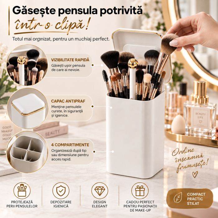 Organizator pensule machiaj, Alb cu auriu Gold, Automat, 4 compartimente pentru cosmetice [4]