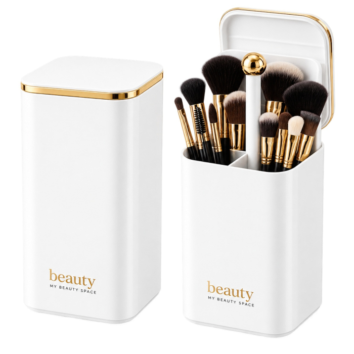 Organizator pensule machiaj, Alb cu auriu Gold, Automat, 4 compartimente pentru cosmetice [2]