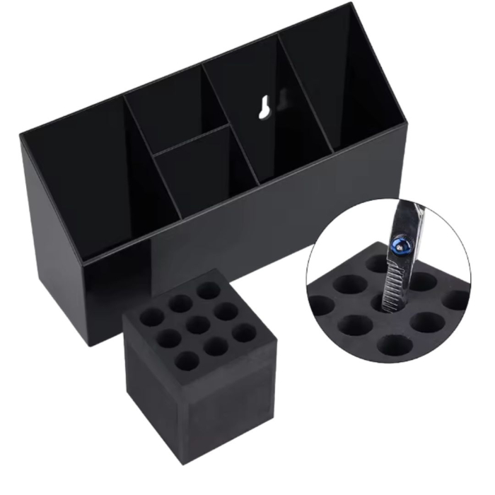 Organizator ustensile frizerie, Negru, fixare de perete sau pe masa, 5 compartimente [5]