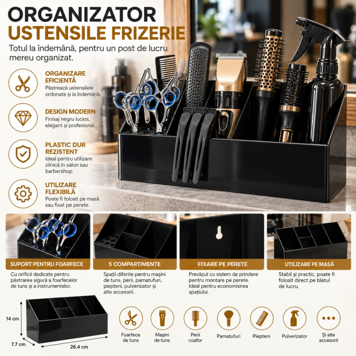 Organizator ustensile frizerie, Negru, fixare de perete sau pe masa, 5 compartimente [4]