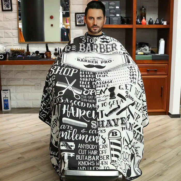 Pelerina Barber, impermeabila, neagra cu alb, cu imprimeu ustensile frizerie [5]
