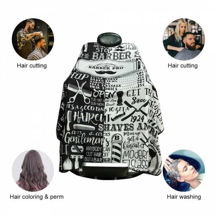 Pelerina Barber, impermeabila, neagra cu alb, cu imprimeu ustensile frizerie [4]