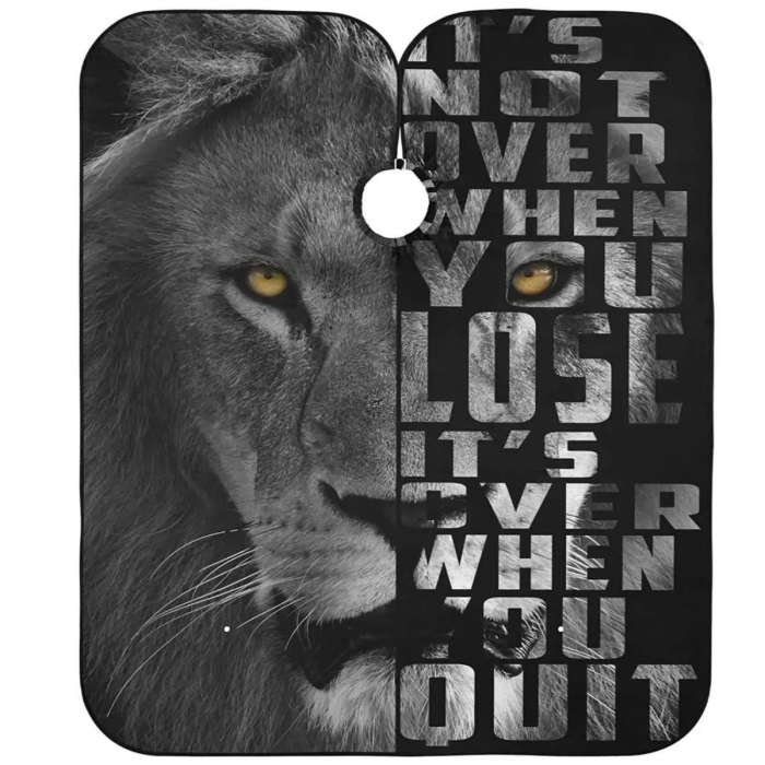 Pelerină tuns profesională neagră cu gri și imprimeu Leu – impermeabilă, lungă, cu elastic la gât [1]