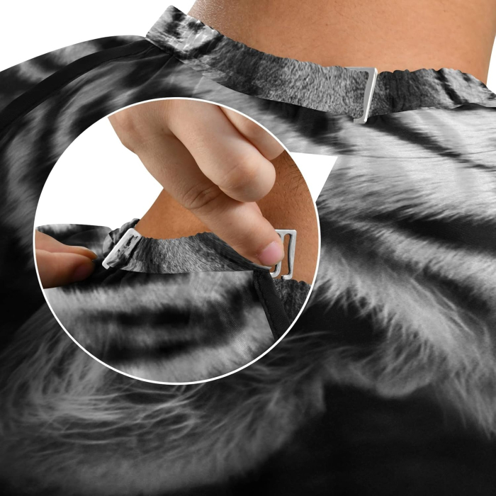 Pelerină tuns profesională neagră cu gri și imprimeu Leu – impermeabilă, lungă, cu elastic la gât [5]