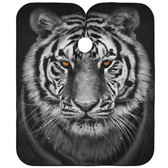 Pelerină tuns profesională neagră cu gri și imprimeu Tigru – impermeabilă, lungă, cu elastic la gât pentru frizerie și coafor [1]