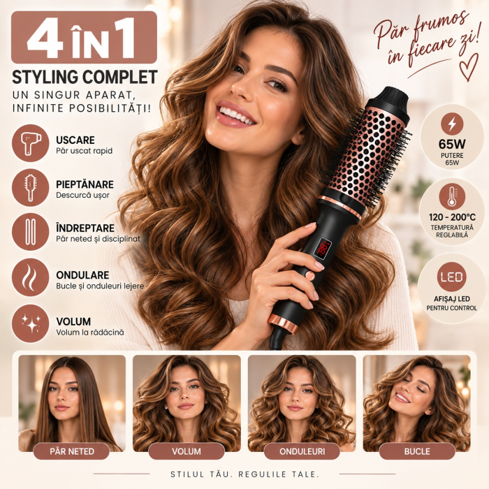 Perie electrica pentru volum cu aer cald pentru coafat parul, uscare, indreptare, bucle si styling [4]