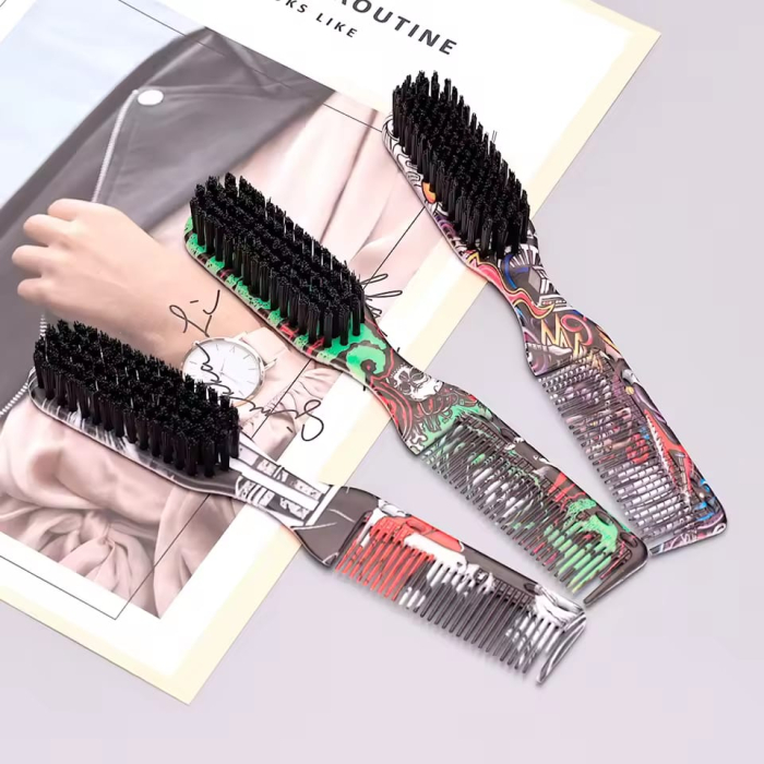 Perie pentru barbă cu pieptene dublu – model pocket, ideală pentru fade, styling și îngrijire zilnică, design vintage [2]