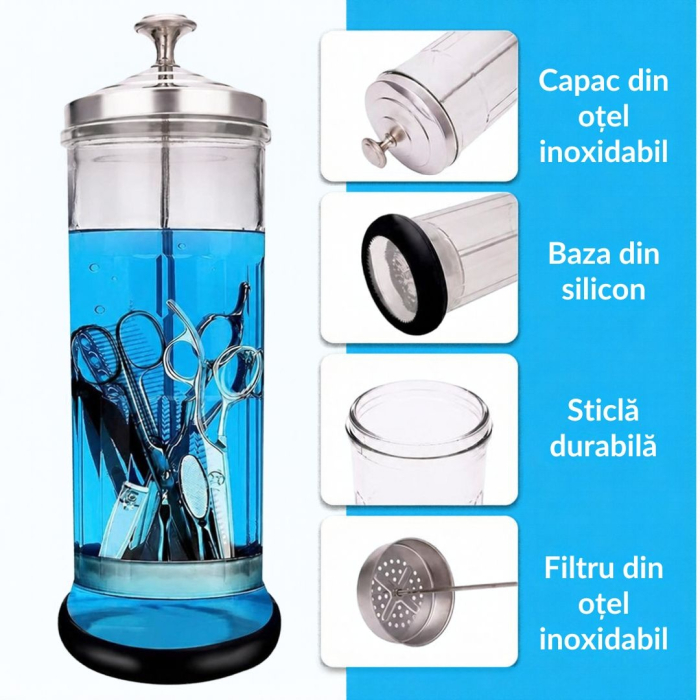 Recipient din sticla pentru sterilizare instrumente frizerie si manichiura, 1200 ml, inox [2]