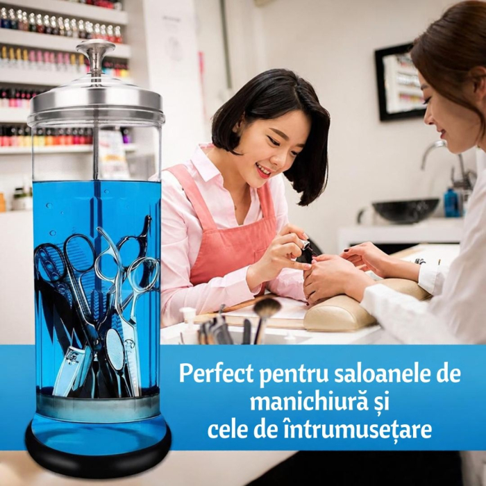 Recipient din sticla pentru sterilizare instrumente frizerie si manichiura, 1200 ml, inox [3]
