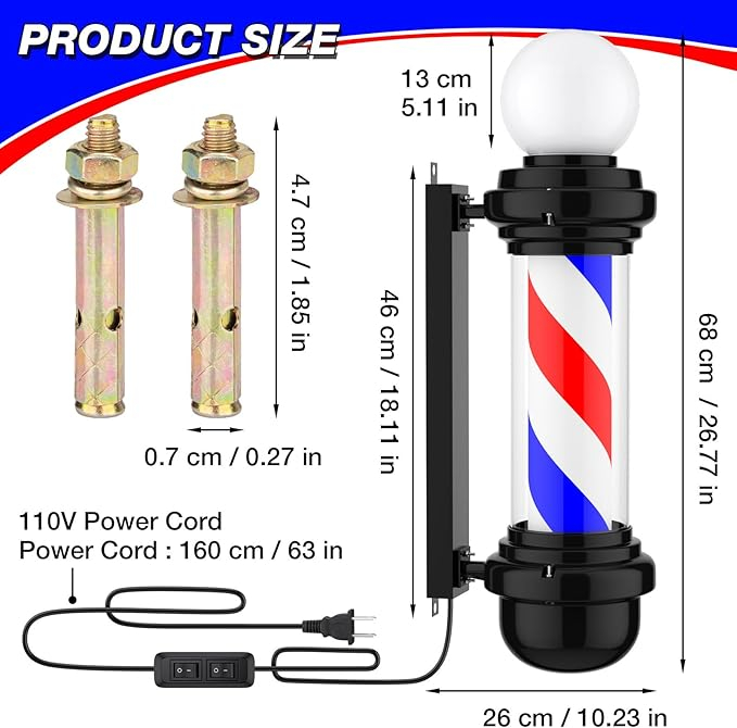Reclama luminoasa Barber Shop, semn Barber Pole, 68cm, rotativ, de exterior [2]