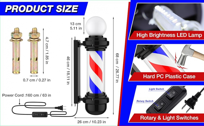 Reclama luminoasa Barber Shop, semn Barber Pole, 68cm, rotativ, de exterior [6]