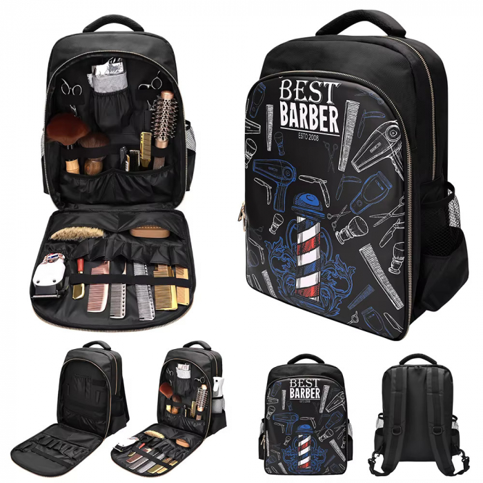 Rucsac frizerie, barber, negru cu albastru, 46xX34X18cm, material dur, bine compartimentat [4]