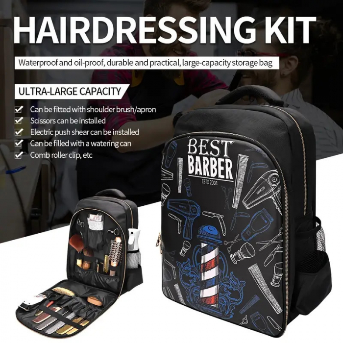 Rucsac frizerie, barber, negru cu albastru, 46xX34X18cm, material dur, bine compartimentat [2]