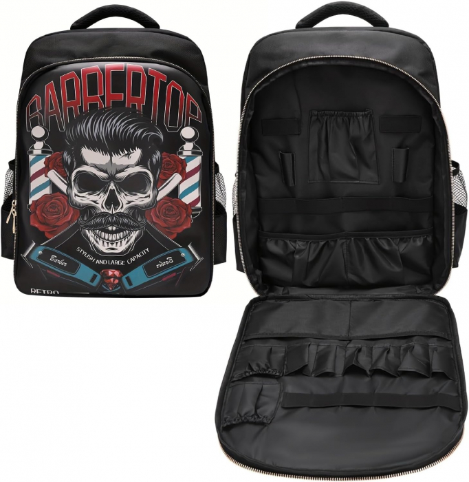Rucsac frizerie, barber shop, negru cu imprimeu, 46xX34X18cm, material dur, compartimentat [3]