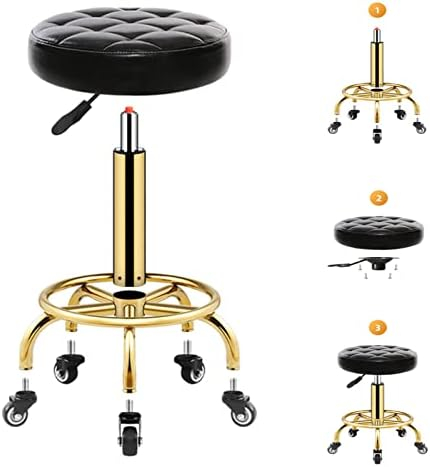 Scaun cosmetician, hidraulic, cu piston, 33x61cm, rotund, taburet cu roti, Negru cu Auriu [2]