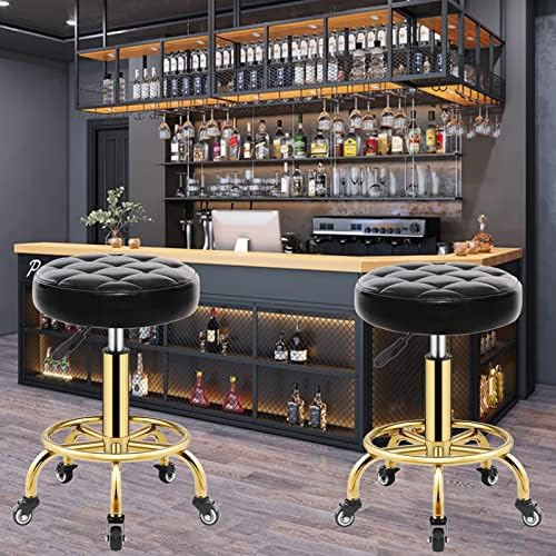 Scaun cosmetician, hidraulic, cu piston, 33x61cm, rotund, taburet cu roti, Negru cu Auriu [9]