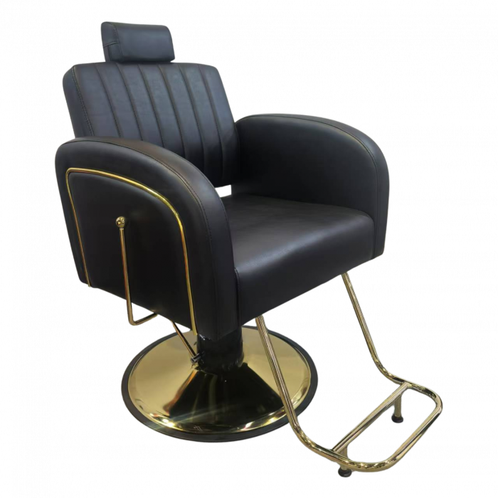 Scaun frizerie barber shop profesional, hidraulic, cu tetiera, rabatabil pe spate, negru cu auriu [1]