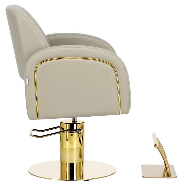Scaun frizerie Luxos pentru salon coafor, bej gri cu auriu, hidraulic, reglabil pe inaltime [2]