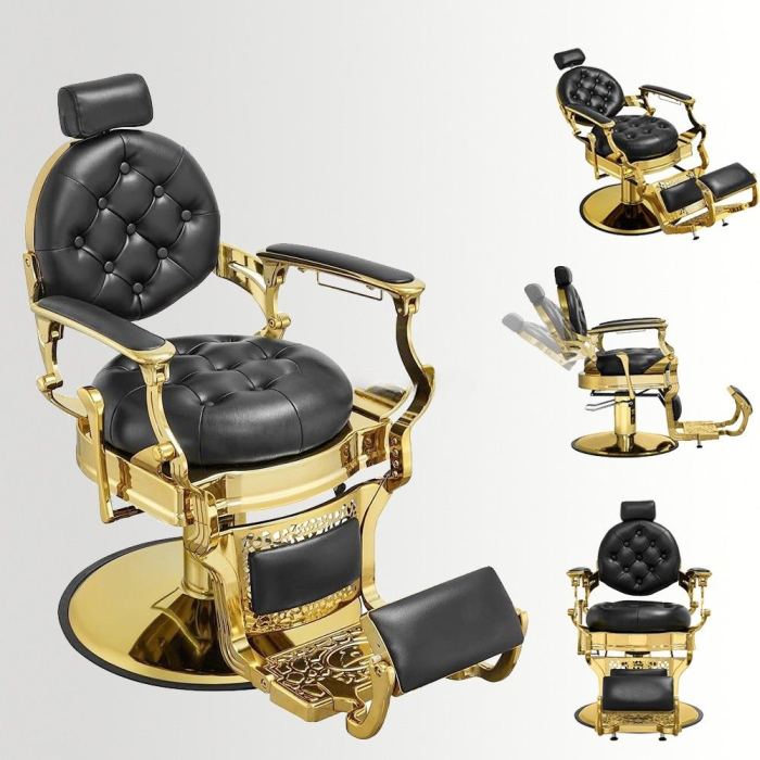 Scaun Frizerie Profesional Wallace Negru cu Accente Aurii – Reglabil Hidraulic, Design Premium [2]