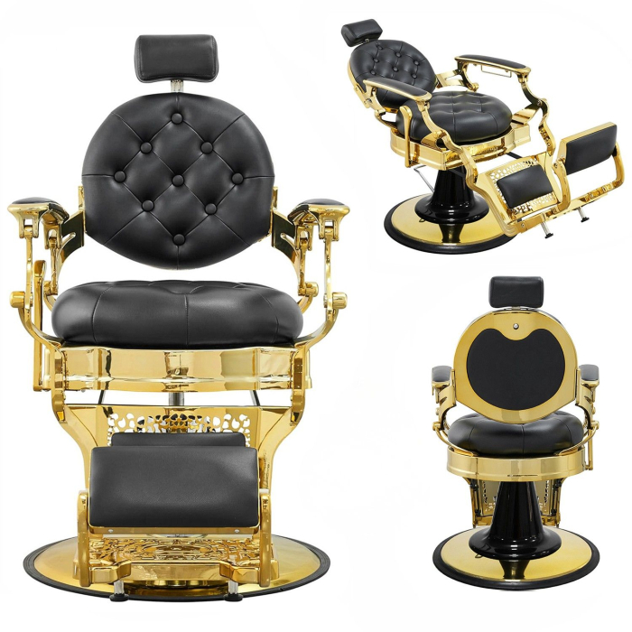 Scaun Frizerie Profesional Wallace Negru cu Accente Aurii – Reglabil Hidraulic, Design Premium [4]