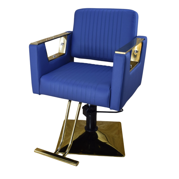 Scaun frizerie și coafor hidraulic Albastru cu finisaje Auriu Gold – Profesional, Reglabil [1]
