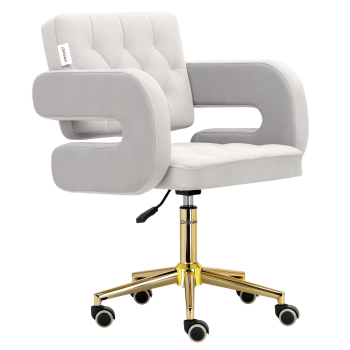 Scaun manichiuriste Luxos pentru salon infrumusetare, gri cu auriu, hidraulic, reglabil pe inaltime [1]