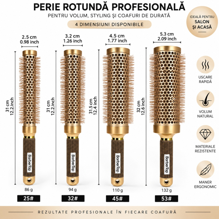 Set 4 Perii Rotunde Profesionale Coafor XXL – Aurii, 25/32/45/53 mm, Corp Lung 31-32 cm [2]