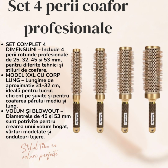 Set 4 Perii Rotunde Profesionale Coafor XXL – Aurii, 25/32/45/53 mm, Corp Lung 31-32 cm [8]