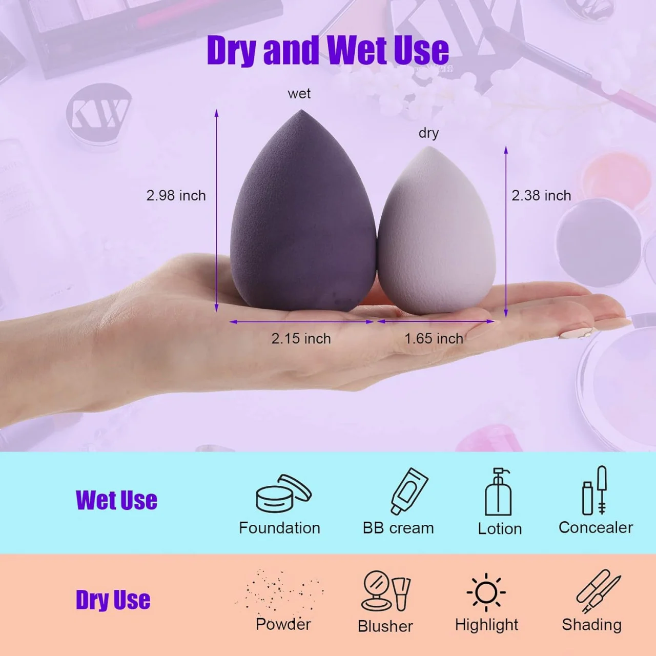 Set bureti cosmetici tip beauty blender · 4 bucati · mov · cutie de depozitare [5]