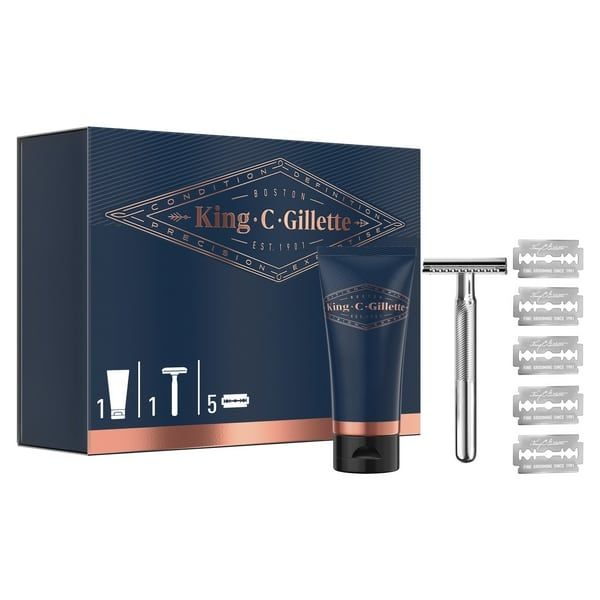Set Cadou pentru stilizare King C. Gillette: Aparat de ras cu margine dubla + 5 Lame de rezerva + Gel de ras transparent, 150 ml [2]