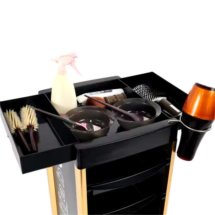 Set complet mobilier coafor 6 piese – negru cu gold, scaun frizerie, scafă, oglindă LED [6]