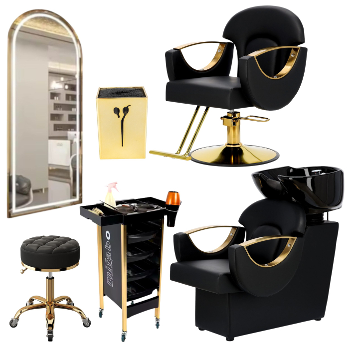 Set complet mobilier coafor 6 piese – negru cu gold, scaun frizerie, scafă, oglindă LED [1]