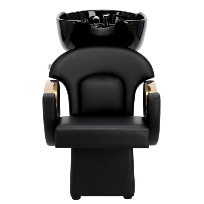 Set complet mobilier coafor cu 2 posturi de lucru – negru cu auriu, cu scafa frizerie, scaune coafor si oglinzi [4]