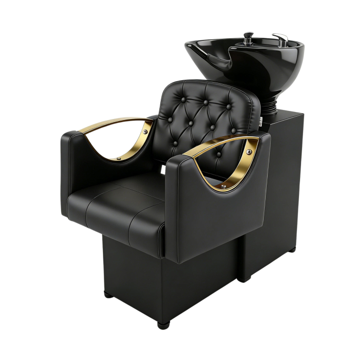 Set complet mobilier coafor cu 2 posturi de lucru – negru cu gold, cu scafa frizerie, scaune coafor si oglinzi [2]
