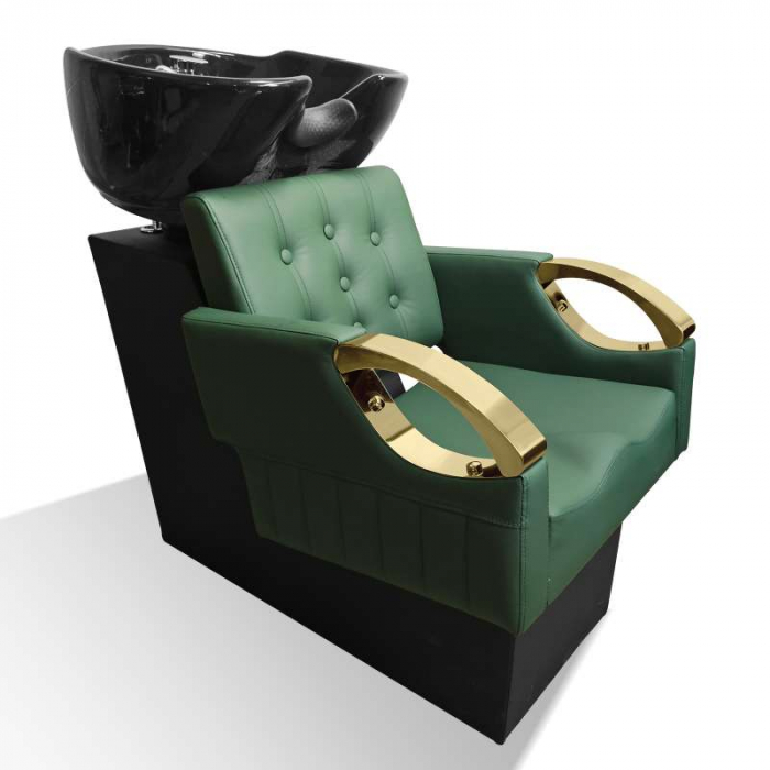 Set complet mobilier coafor cu scaun verde cu auriu și scafă profesională [2]