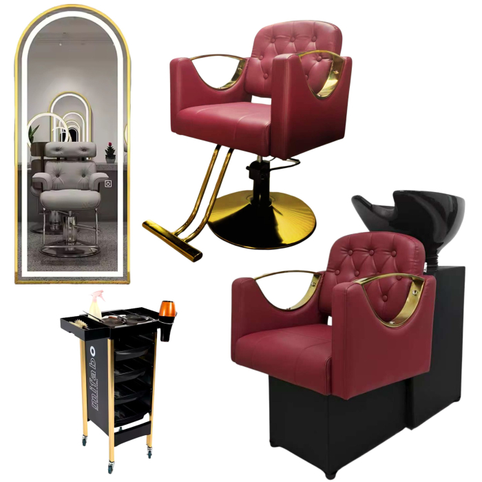 Set Complet Mobilier Coafor Luxos Bordo & Auriu – Scafa cu Scaun coafor rosu, Oglinda Led si Ucenic [1]