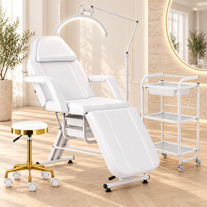 Set complet Mobilier Salon Cosmetică 4 Piese Alb Auriu | Pat cosmetica, Ucenic, Lampă LED, Taburet [10]