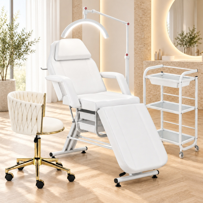 Set complet Mobilier Salon Cosmetică 4 Piese Alb | Pat cosmetica, Ucenic, Lampă LED, Scaun [9]