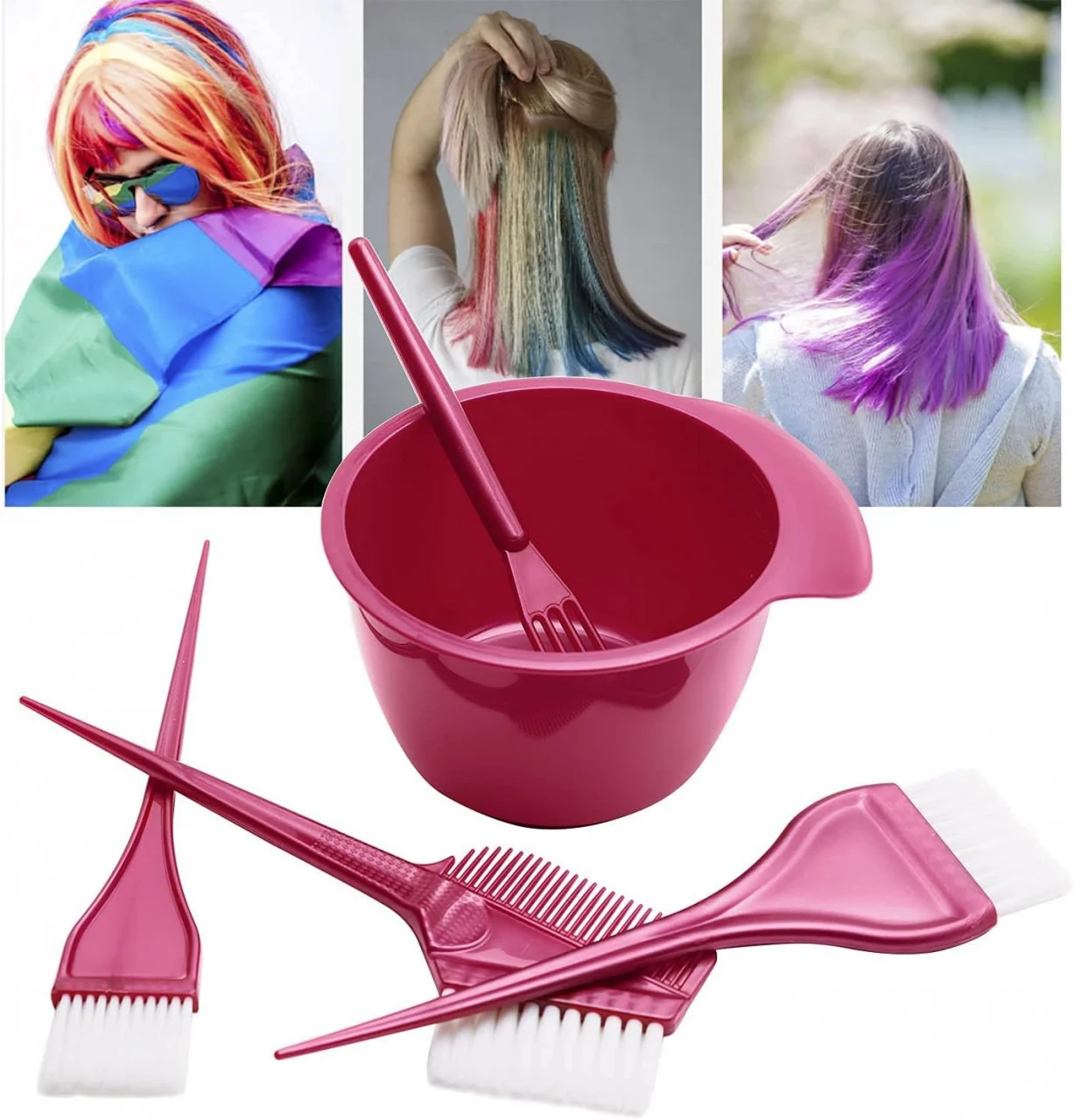 Set complet vopsit parul · bol cu 4 pensule pentru vopsea de par · Roz [7]