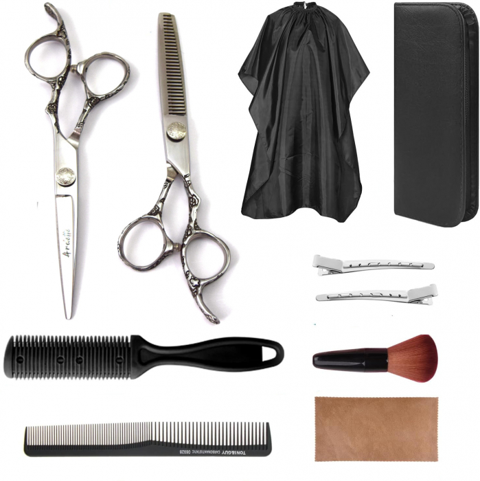Set foarfeca tuns si filat, Ardette, 10 piese, Inox, Husa depozitare, Manta frizerie, Clame metalice, pamatuf, pieptene carbon [3]