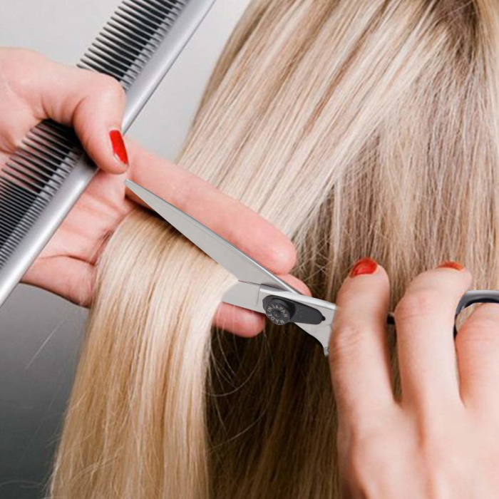 Set foarfeca tuns si foarfeca filat · Sword Cut · 10 piese ·  clipsuri metalice · pieptan carbon · husa depozitare · pelerina tuns · pamatuf frizerie · brici pentru filat parul. [12]