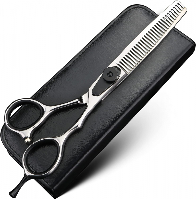 Set foarfeca tuns si foarfeca filat · Sword Cut · 10 piese ·  clipsuri metalice · pieptan carbon · husa depozitare · pelerina tuns · pamatuf frizerie · brici pentru filat parul. [4]