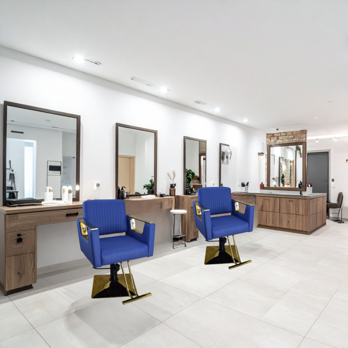 Set Mobila Salon Albastru cu Auriu – Scafă frizerie, 2 Scaune coafor albastre, 2 Oglinzi LED Gold [11]
