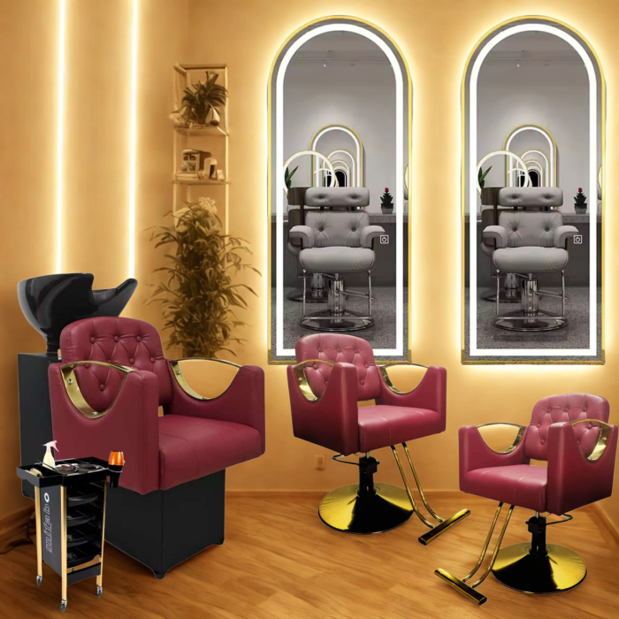 Set Mobilier Coafor – Scafa frizerie, 3 Scaune coafor visinii, 3 Oglinzi Led, Bordo cu Auriu [11]