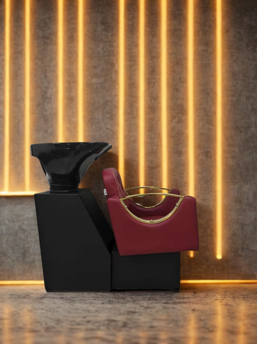 Set Mobilier Coafor – Scafa frizerie, 3 Scaune coafor visinii, 3 Oglinzi Led, Bordo cu Auriu [3]