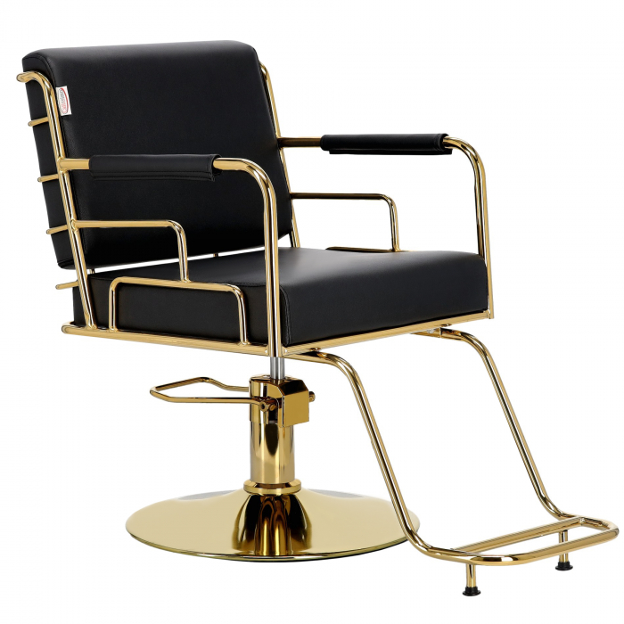 Set Mobilier frizerie cu 1 post de lucru coafor, scaun frizerie profesional, scafa, Negru cu Gold [3]
